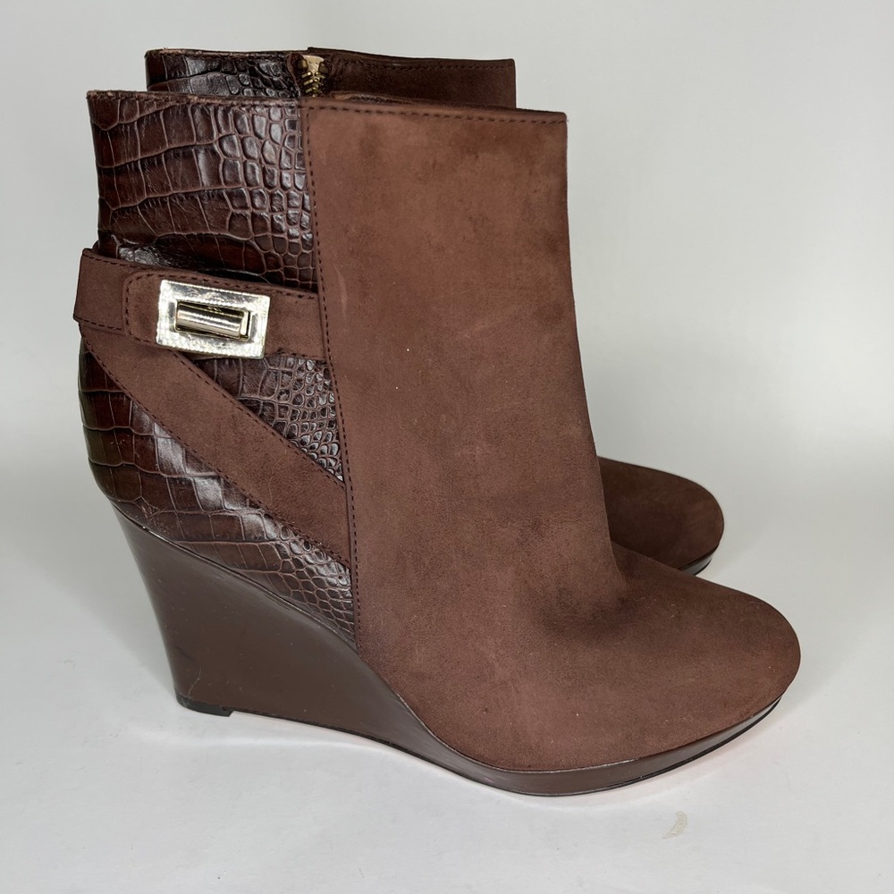 Cole Haan Booties Women Size 8.5B Brown Suede Patent Leather Zip Wedge Heels